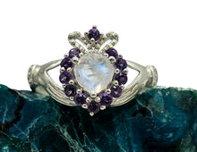Load image into Gallery viewer, Rainbow Moonstone &amp; Amethyst Claddagh Ring, Size 7, Sterling Silver, Natural Gemstones, Symbol of Love, Friendship and Loyalty