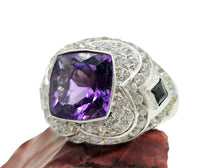 Load image into Gallery viewer, Amethyst, Green Tourmaline &amp; White Zircon Ring, Size 8.25, Sterling Silver, Genuine Gemstones, Vintage Style