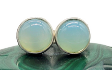 Load image into Gallery viewer, Blue Chalcedony Studs, Round Cabochon stud Earrings, Sterling Silver, Ethereal soft Blue Translucence, Creative Stone - GemzAustralia 