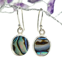 Load image into Gallery viewer, Paua Shell Earrings, Sterling Silver, Abalone Shell, Dangly Oval Drops, Prosperity, Peace, Good Luck &amp; Strength, New Zealand Paua Shell - GemzAustralia 
