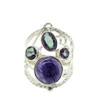 Load image into Gallery viewer, Charoite &amp; Mystic Topaz Ring, Size 7, Sterling Silver, Statement Piece, Four Stone Ring, Wearable Art - GemzAustralia 