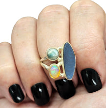 Load image into Gallery viewer, Australian Opal, Larimar &amp; African Opal Ring, Size 6, Sterling Silver, Three Stone Ring, Aura Gem, Psychic Gemstone, October Birthstone