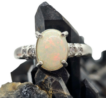 Load image into Gallery viewer, Solid Ethiopian Opal &amp; White Sapphire Ring, Size P, Adjustable, Sterling Silver, October Birthstone, Aura Stone, Psychic Stone - GemzAustralia 