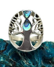 Load image into Gallery viewer, Paua Shell Tree of Life Ring, Sterling Silver, Green &amp; Blue Shell, Size N, Abalone Ring, Brings the Wearer Prosperity - GemzAustralia 