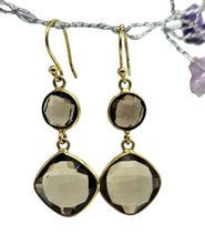 Load image into Gallery viewer, Smoky Quartz Earrings, Sterling Silver, 14K gold Plated, Caramel Brown, Double Drop, Grounding Stone, Anchoring Stone - GemzAustralia 