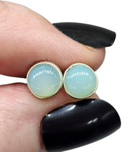 Load image into Gallery viewer, Blue Chalcedony Studs, Round Cabochon stud Earrings, Sterling Silver, Ethereal soft Blue Translucence, Creative Stone - GemzAustralia 