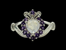 Load image into Gallery viewer, Rainbow Moonstone &amp; Amethyst Claddagh Ring, Size 7, Sterling Silver, Natural Gemstones, Symbol of Love, Friendship and Loyalty