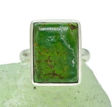 Load image into Gallery viewer, Green Turquoise Ring, Size 8, Rectangle Shape, Sterling Silver, Protection Stone, Goddess Stone, Fortune Stone, 11th Anniversary - GemzAustralia 