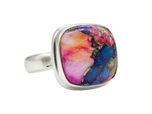 Load image into Gallery viewer, Square shaped Oyster Turquoise &amp; Pink Opal Ring, Size N, Sterling Silver, Love Stone, Copper Turquoise, Heart Chakra - GemzAustralia 