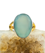 Load image into Gallery viewer, Blue Chalcedony Ring, Size 7.75, two tone ring, Oval Faceted, Sterling Silver, Ethereal soft Blue Translucence, Creative Stone - GemzAustralia 