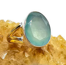 Load image into Gallery viewer, Blue Chalcedony Ring, Size 7.75, two tone ring, Oval Faceted, Sterling Silver, Ethereal soft Blue Translucence, Creative Stone - GemzAustralia 