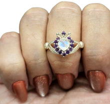 Load image into Gallery viewer, Rainbow Moonstone &amp; Amethyst Claddagh Ring, Size 7, Sterling Silver, Natural Gemstones, Symbol of Love, Friendship and Loyalty