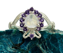 Load image into Gallery viewer, Rainbow Moonstone &amp; Amethyst Claddagh Ring, Size 7, Sterling Silver, Natural Gemstones, Symbol of Love, Friendship and Loyalty