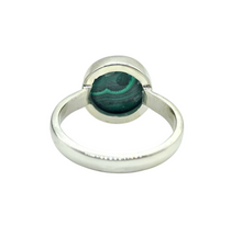 Load image into Gallery viewer, Round Malachite Ring, Size P 1/2, Sterling Silver, Rich Green Gemstone, Bezel Set, Visionary Stone, Warns of Danger - GemzAustralia 