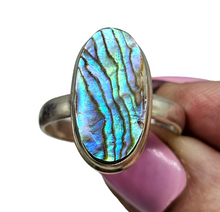 Load image into Gallery viewer, Statement Paua Shell Ring, Size 11, Sterling Silver, Long Oval Shape, Blue Green Abalone Shell, Prosperity Stone - GemzAustralia 
