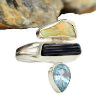 Load image into Gallery viewer, Opal, Black Tourmaline &amp; Blue Topaz Ring, Sterling Silver, Rough Gemstones, Three Stone ring, Size Q - GemzAustralia 