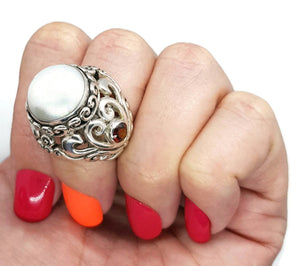 Mabe Pearl & Garnet Ring, 925 Sterling Silver, Size 7.25, Vintage Style, Filigree Heart - GemzAustralia 