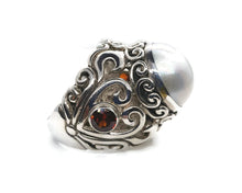 Load image into Gallery viewer, Mabe Pearl &amp; Garnet Ring, 925 Sterling Silver, Size 7.25, Vintage Style, Filigree Heart - GemzAustralia 