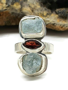 Raw Aquamarine & Garnet Ring, size 6, sterling silver, Birthstone gem - GemzAustralia 