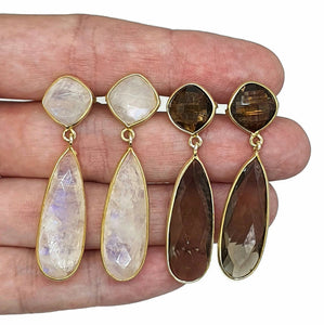 Rainbow Moonstone or Smoky Quartz Earrings, Sterling Silver, 14K Gold Plated - GemzAustralia 