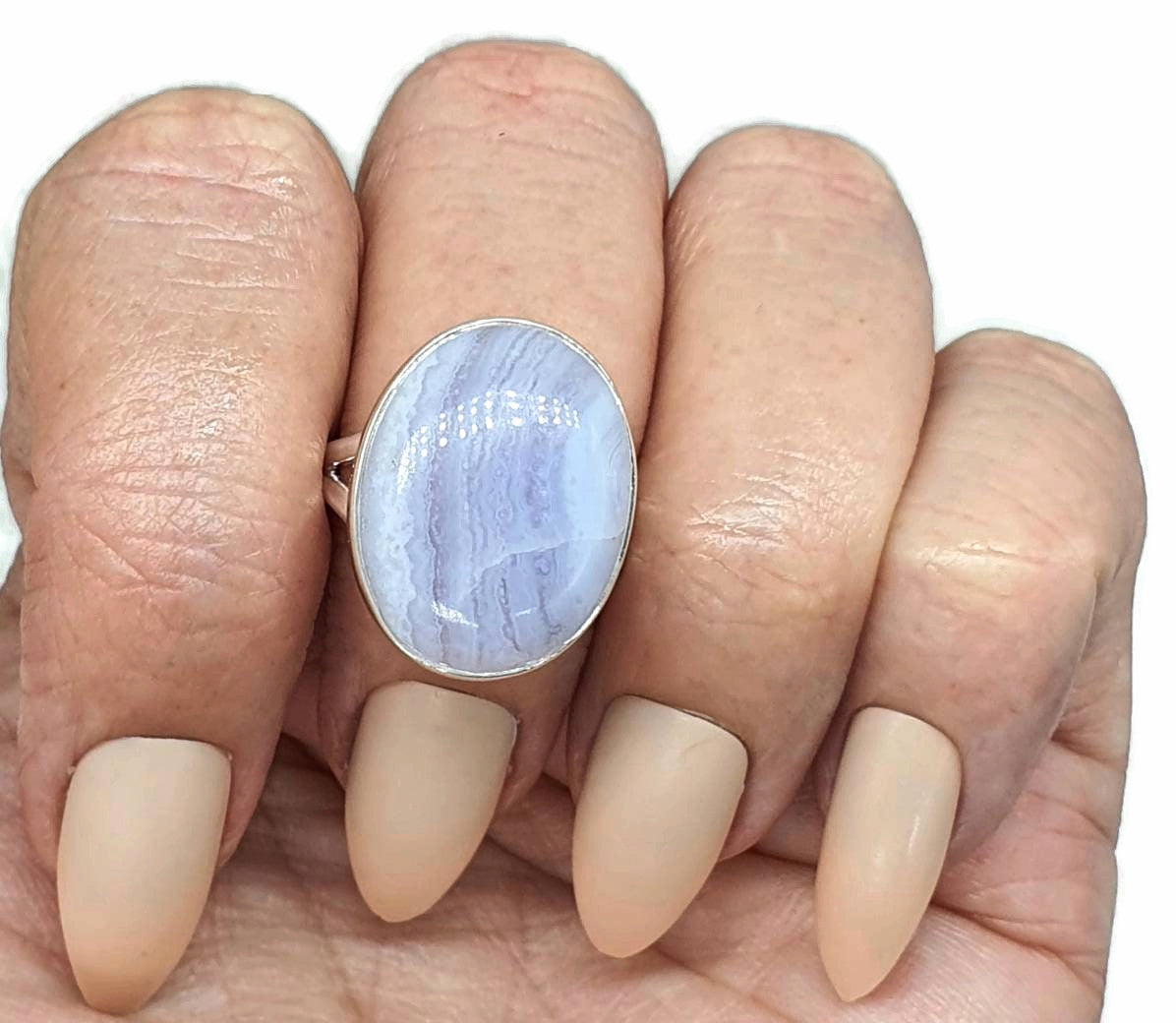 Blue Lace Agate & sold Sterling Silver Oval Stamped Ring