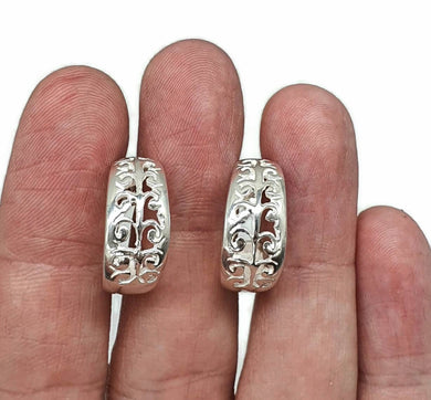 Three Quarter Hoop Earrings, Sterling Silver, Filigree Design, Silver Hoops - GemzAustralia 