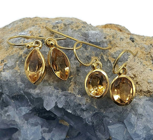 Citrine Earrings, Marquise or oval Shaped, Sterling Silver, 18K Gold Electroplated - GemzAustralia 