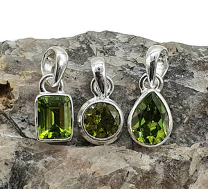 Peridot Pendant, Sterling Silver, August Birthstone, Rectangle, Round or Pear Shaped - GemzAustralia 