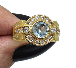 Blue Topaz Ring, size 6.75, Sterling Silver, 14 Gold Electroplated, Halo Ring - GemzAustralia 