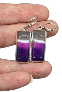 Pink & Purple Agate Earrings, Sterling Silver, Banded Chalcedony, Rectangle Shape - GemzAustralia 