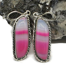 Pink & White Agate Earrings, Sterling Silver, Banded Chalcedony - GemzAustralia 