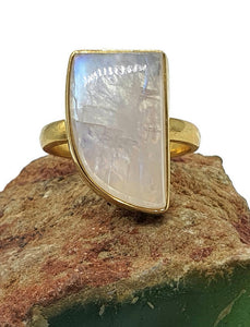 Rainbow Moonstone Ring, Size 9, Sterling Silver, 14k gold plated - GemzAustralia 