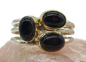 Two tone Black Onyx Ring, Size 8.25, Sterling Silver, 18K Gold Plated - GemzAustralia 