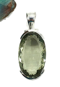 Green AMETHYST Pendant, 30 carats, Long Oval Stone, Sterling Silver - GemzAustralia 