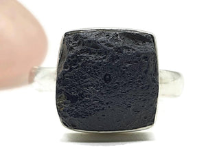 Black Tektite Ring, Size 9, Sterling Silver, Meteorite Stone, Square Shaped - GemzAustralia 