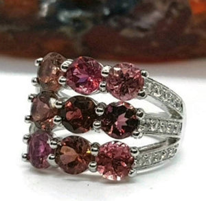 Pink Tourmaline Ring, 925 Sterling Silver, Nine stone Ring, Heart Chakra - GemzAustralia 