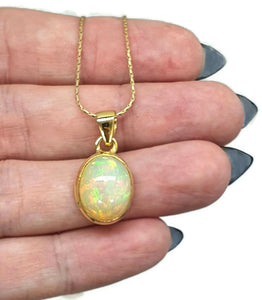 Oval Ethiopian Opal Pendant, Sterling Silver, 18K Gold Plated, October Birthstone - GemzAustralia 