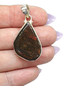 Red Ammolite Pendant, Sterling Silver, Teardrop Shaped, Opal like Gemstone - GemzAustralia 